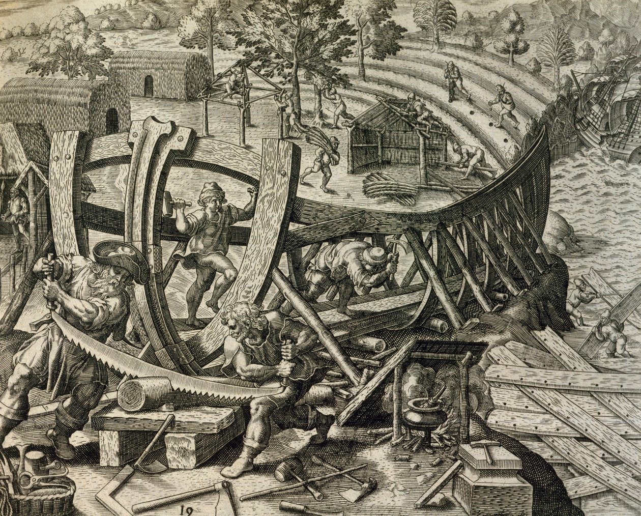Spaanse zeelieden bouwen karveel, gravure uit Historia Americae, door Theodor de Bry door Theodore de Bry