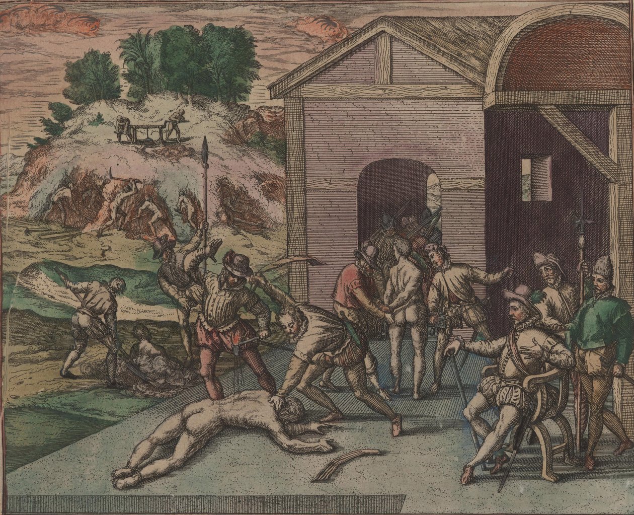 Spaanse soldaten observeren en voeren de straf van een slaaf uit, 1595 door Theodore de Bry