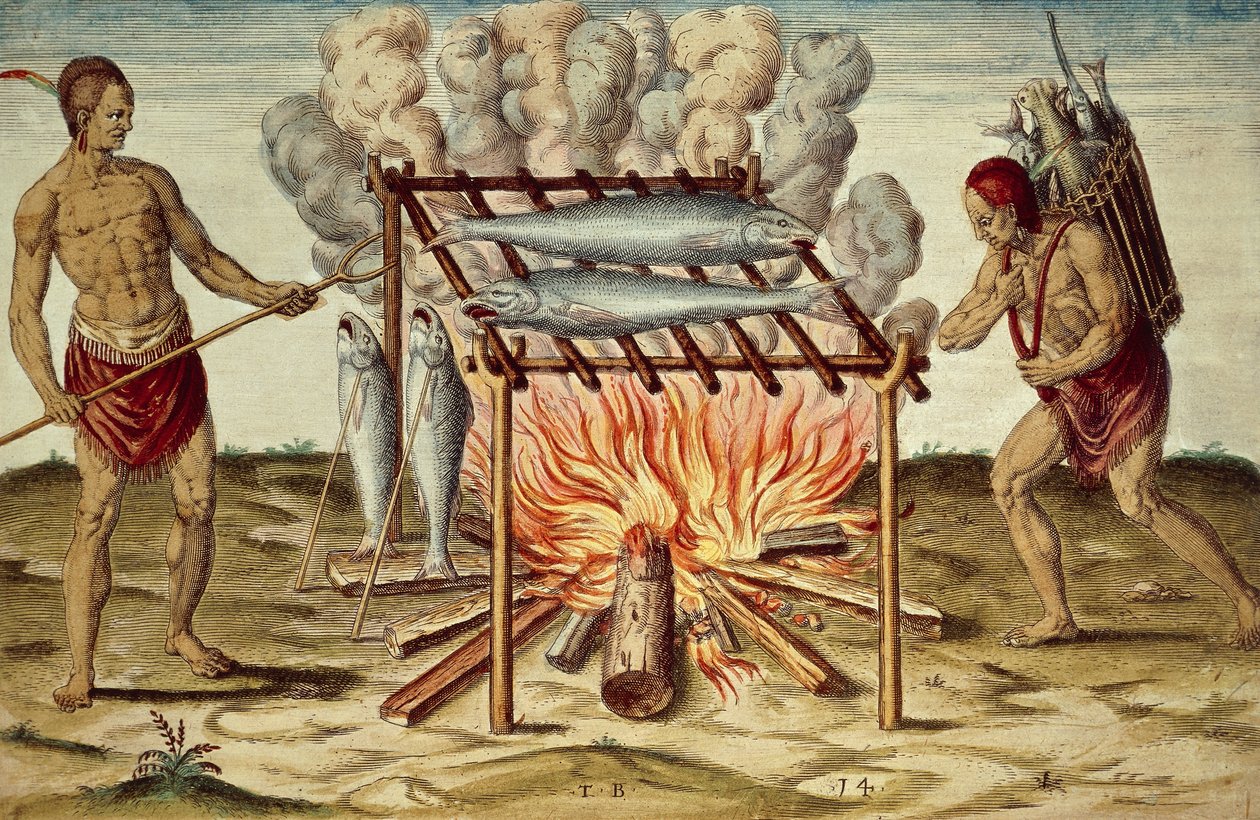 Taino inboorlingen koken vis, kleurgravure door Theodor de Bry, naar schilderij van John White, uit Kort en waar verslag van nieuw gevonden land van Virginia door Theodore de Bry