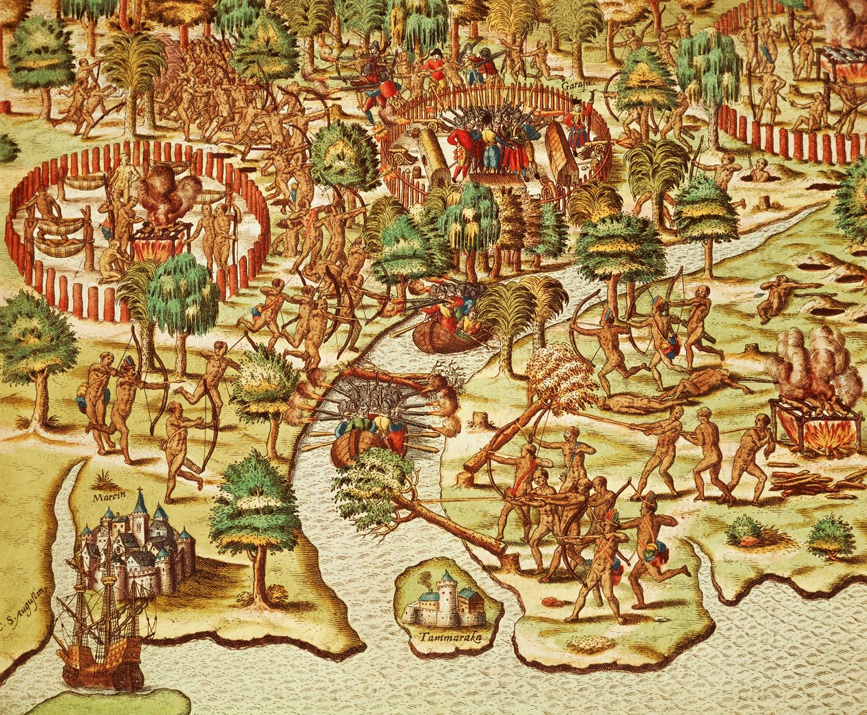 Technieken van belegering en aanval, gravure door Theodor de Bry, uit Americae tertia pars door Theodore de Bry