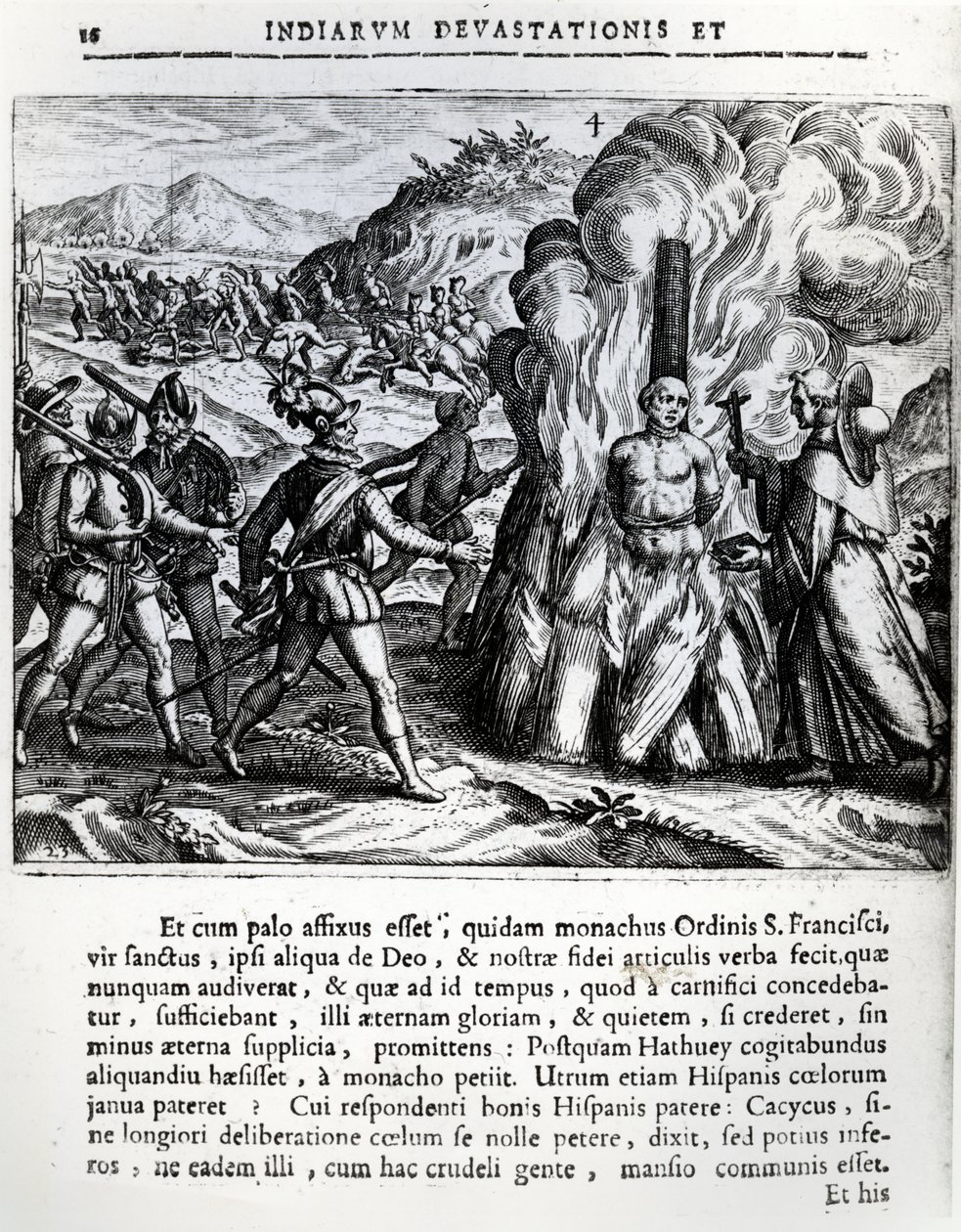 De verbranding van Hatuey door de Spanjaarden in Yara, Cuba, op 2 februari 1512, 1664 door Theodore de Bry