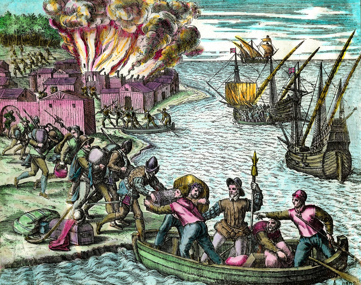 De Fransen plunderen en verbranden de stad Chioreran. Gravure uit "Geschiedenis van Amerika" door Theodore de Bry 16e eeuw. Privécollectie door Theodore de Bry