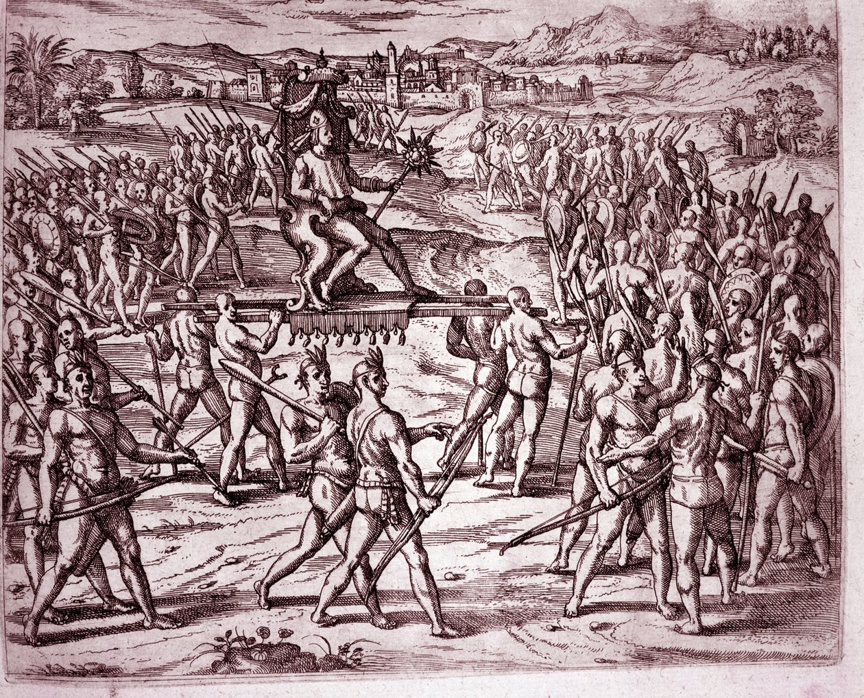 De Inca-koning, Atahualpa (of Atabaliba), met een scepter in de vorm van een zon, wordt op een draagstoel gedragen om Francisco Pizarro te ontmoeten (gravure) door Theodore de Bry