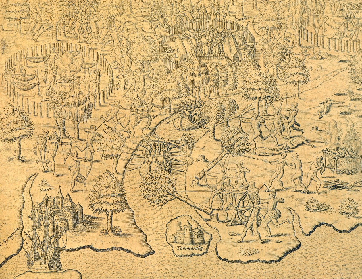 De Portugezen dringen het binnenland binnen en worden aangevallen door een lokale stam door Theodore de Bry