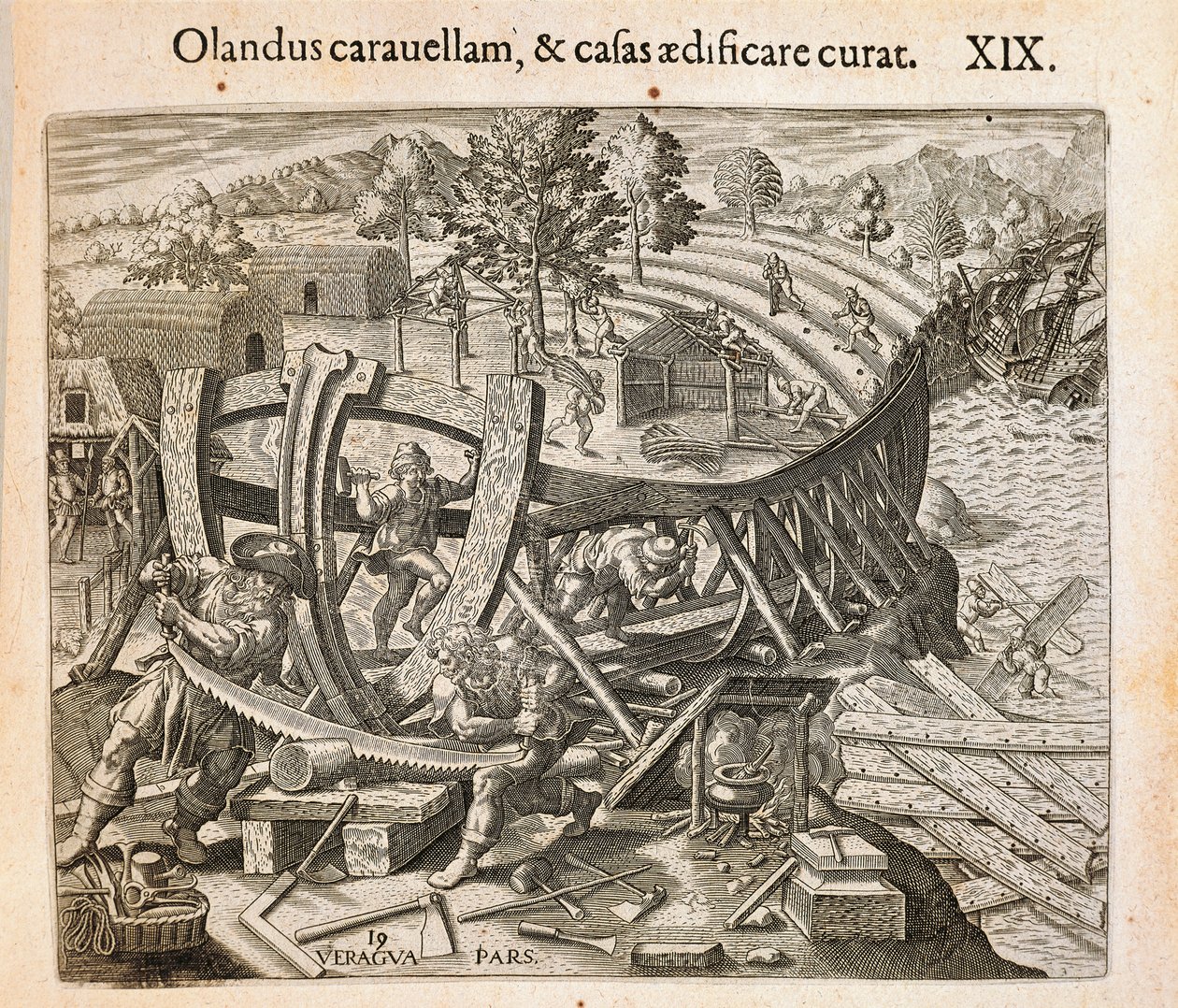 De Spanjaarden bouwen hun eerste schip in de Nieuwe Wereld, gravure door Theodor de Bry uit Americae pars quarta, sive, Insignis et admiranda historia de reperta primum Occidentali India Christophoro Columbo, door Girolamo Benzoni door Theodore de Bry