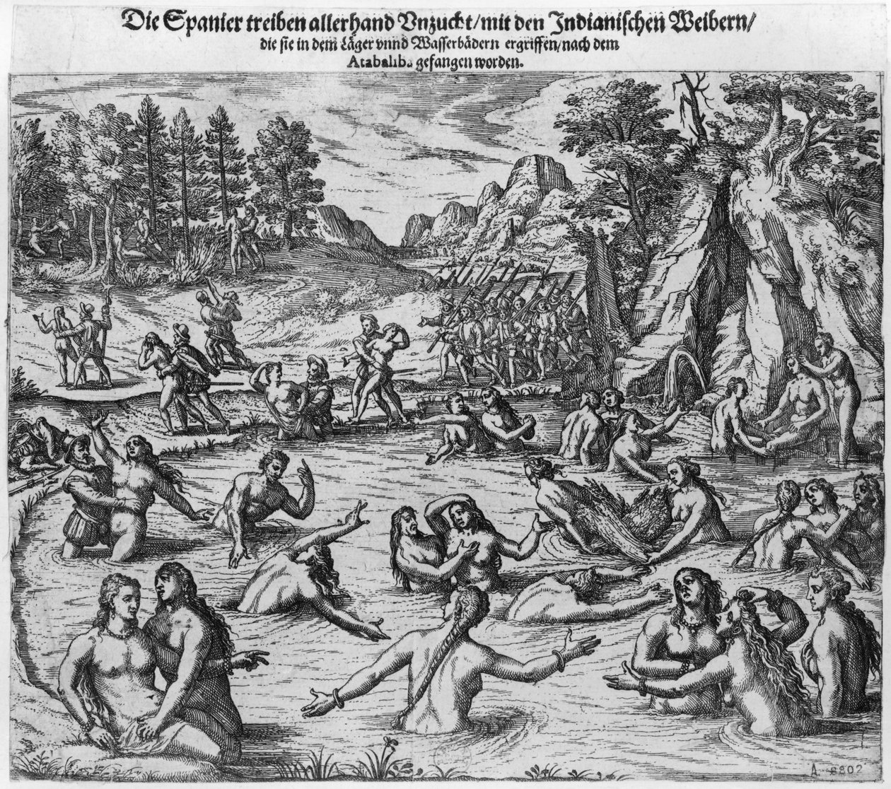 De Spanjaarden mishandelen de Indiaanse vrouwen na de gevangenneming van koning Atahualpa in 1532 door Theodore de Bry