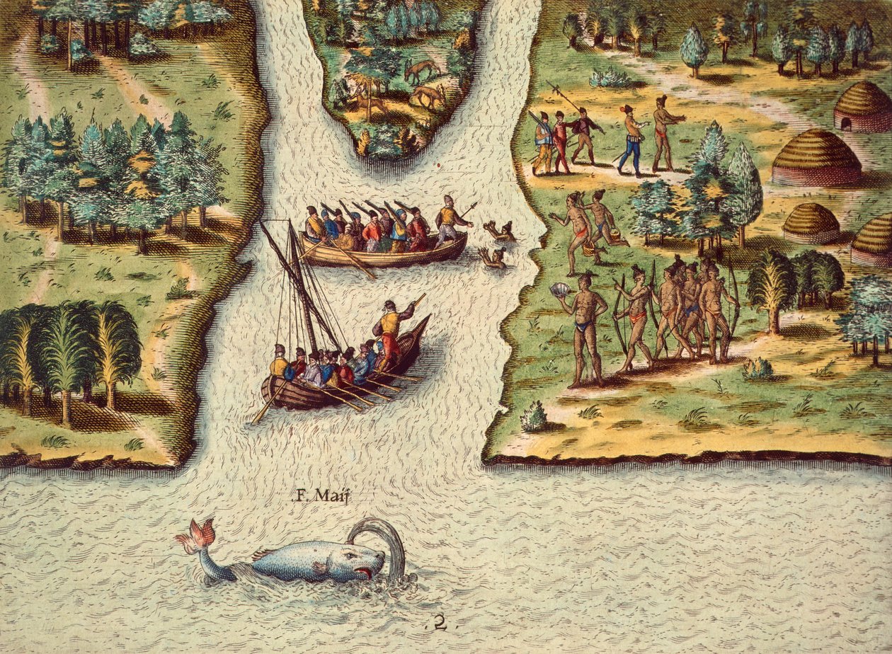 De aankomst van de Fransen, gravure door Theodore de Bry, uit The Discourse of Florida door Theodore de Bry