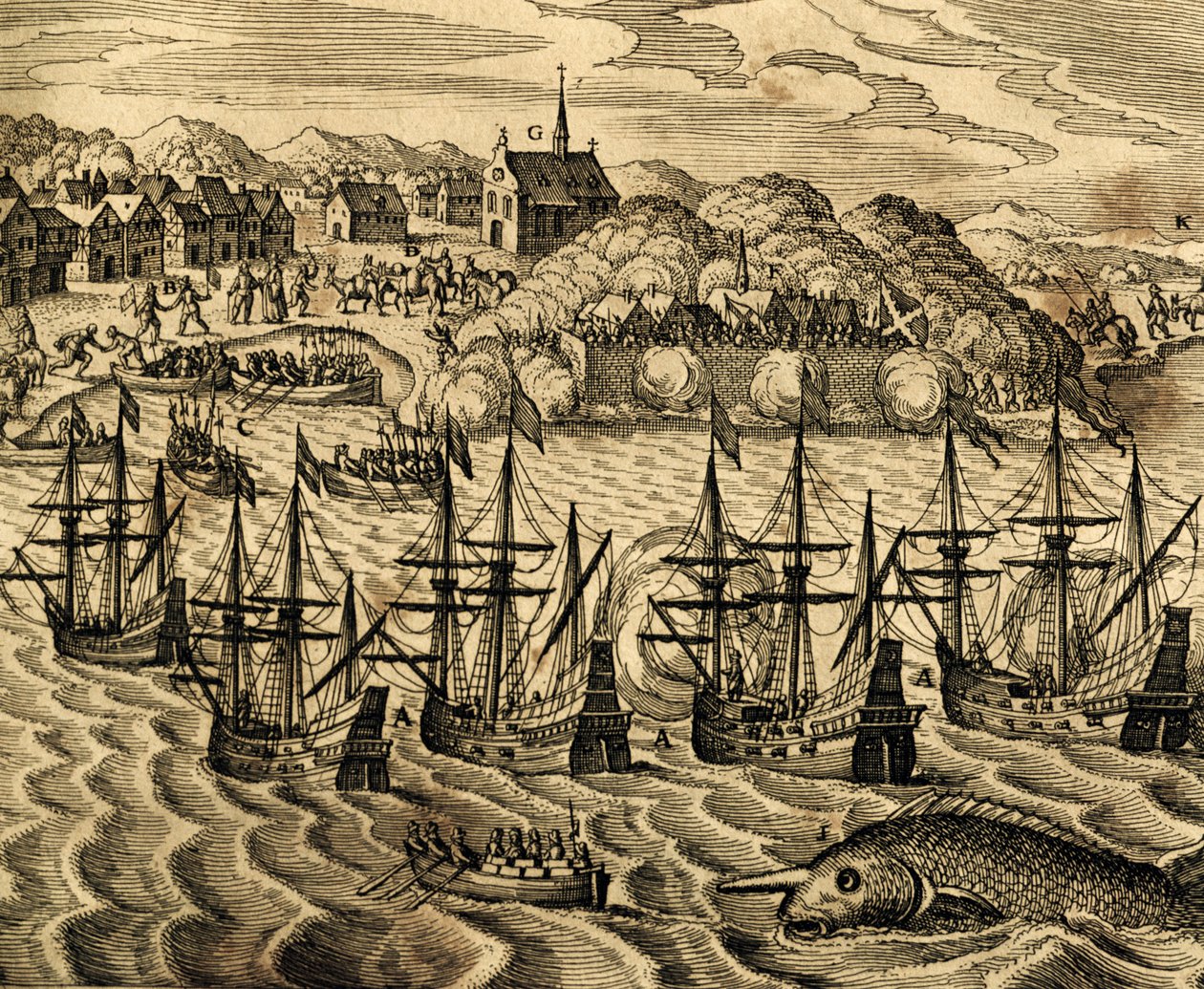 Uitzicht op de haven van Acapulco in Mexico, gravure uit Historia Americae, door Theodor de Bry, Frankfurt door Theodore de Bry