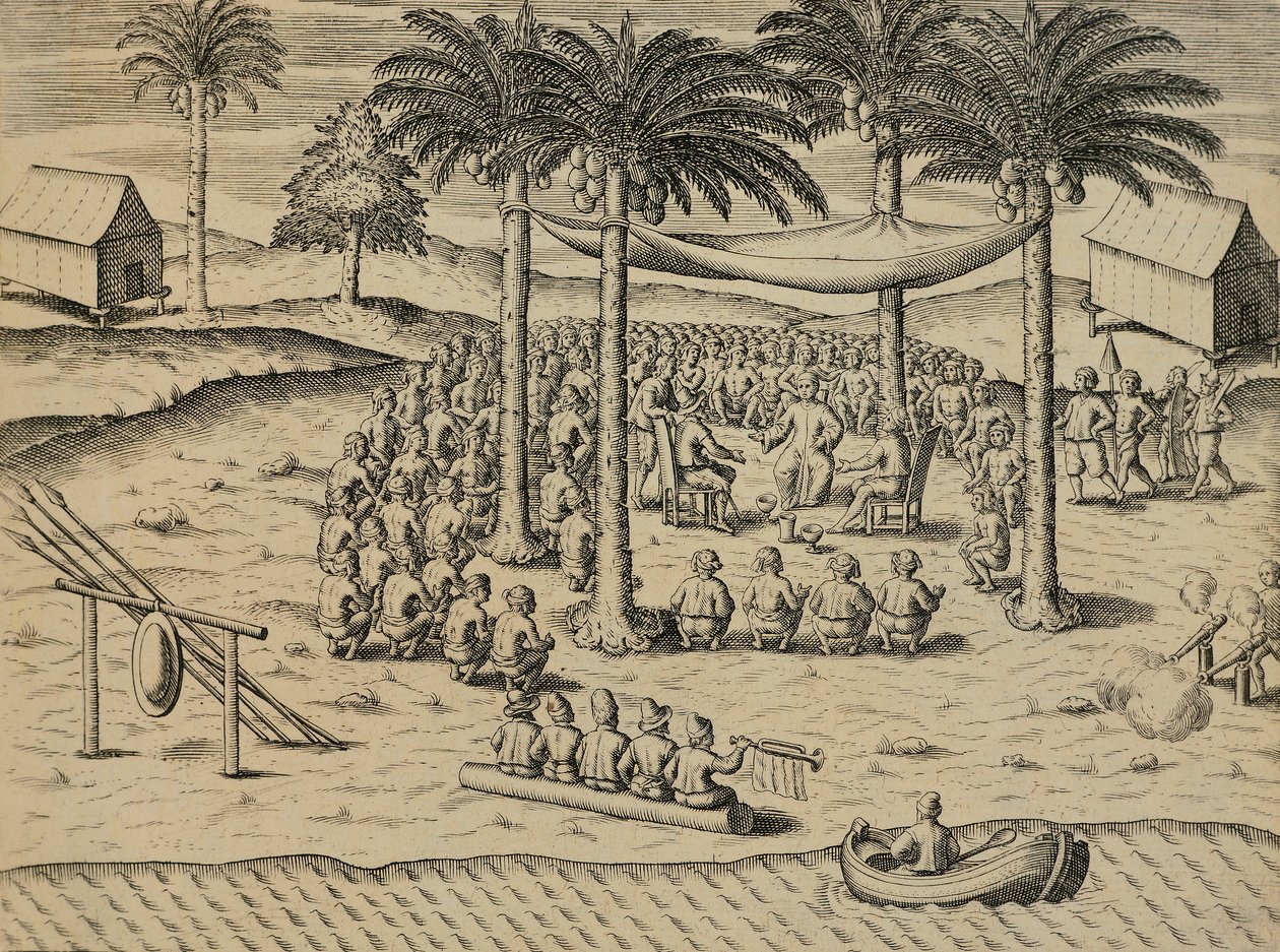 Welkom van inheemse Afrikaanse inboorlingen, illustratie uit Indiae Orientalis door Antonio Pigafetta, door Theodore de Bry door Theodore de Bry