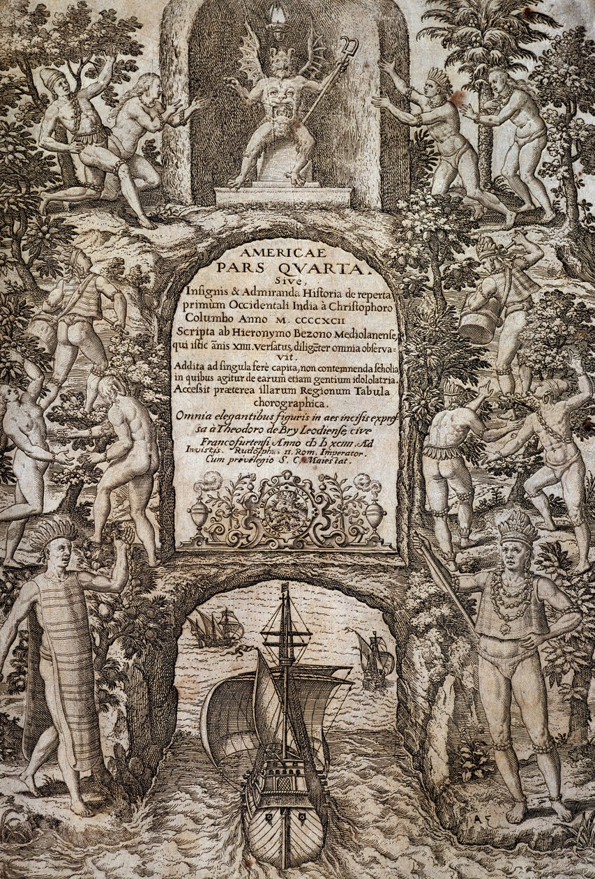 West-Indië of Amerika, frontispice, gravure door Theodore de Bry