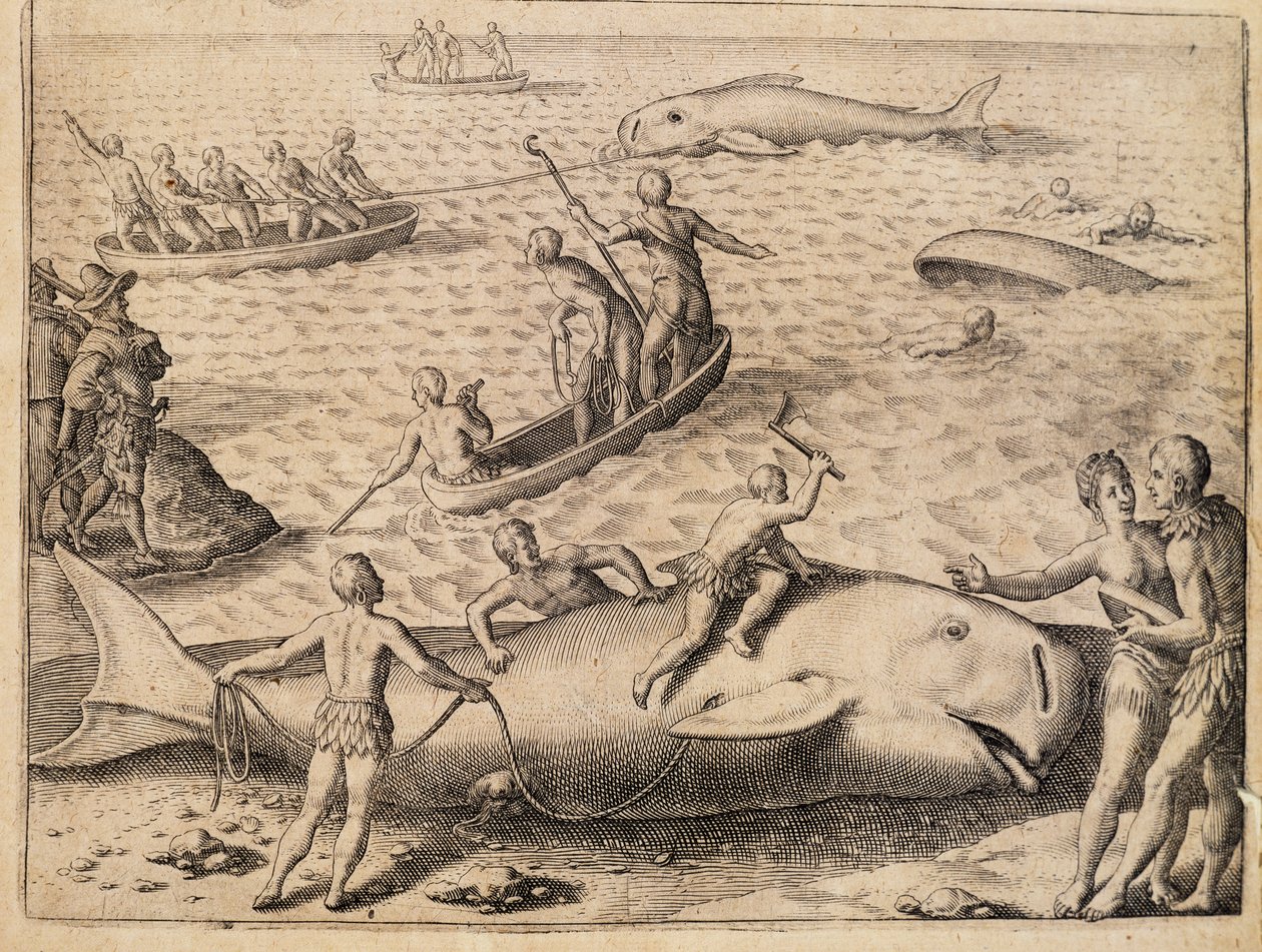 Walvisvangst bij Spitsbergen, gravure door Theodor de Bry uit India Orientalis door Theodore de Bry