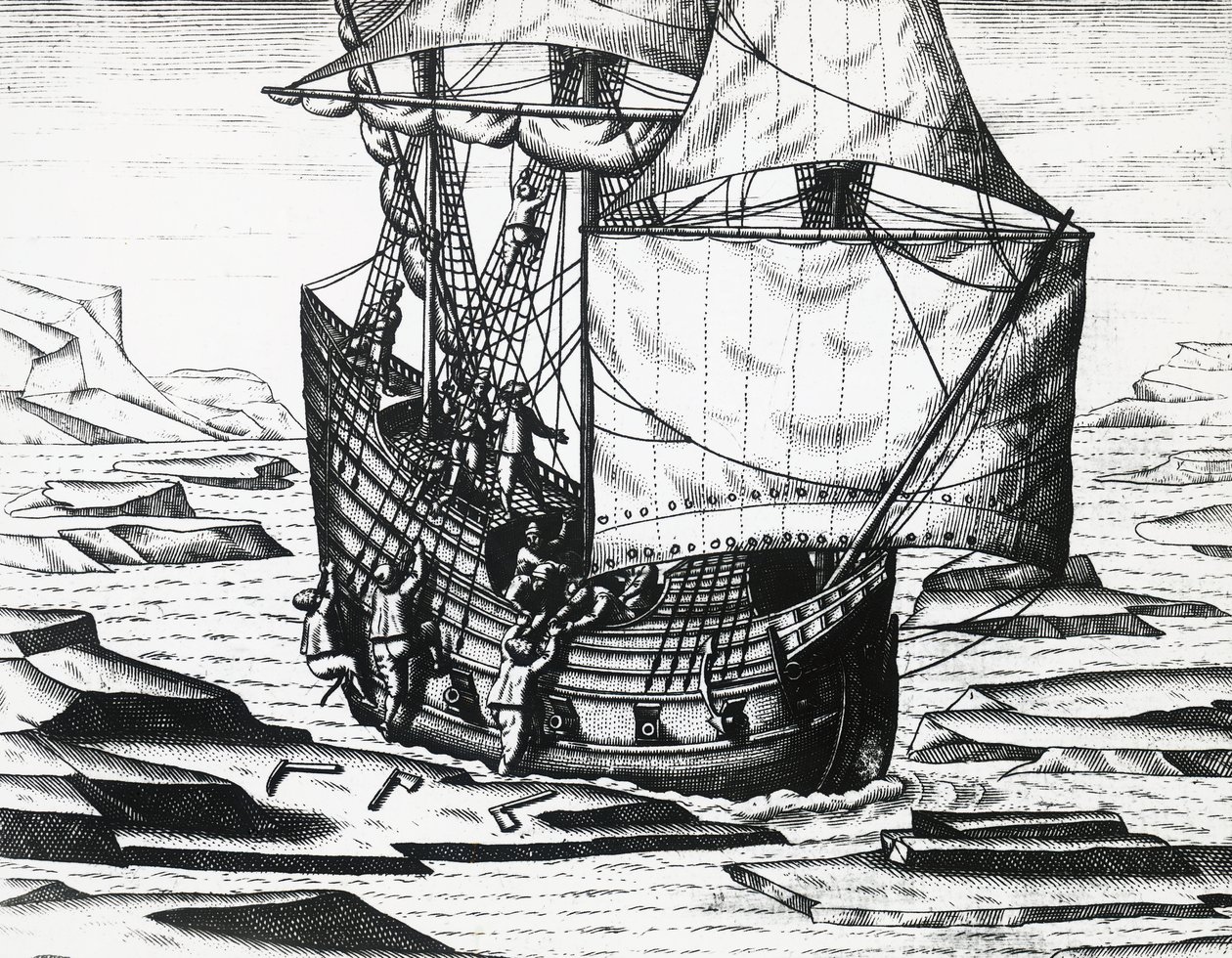 Schip van William Barents tijdens derde Nederlandse expeditie op zoek naar de Noordoostelijke Doorvaart, gravure door Theodore de Bry