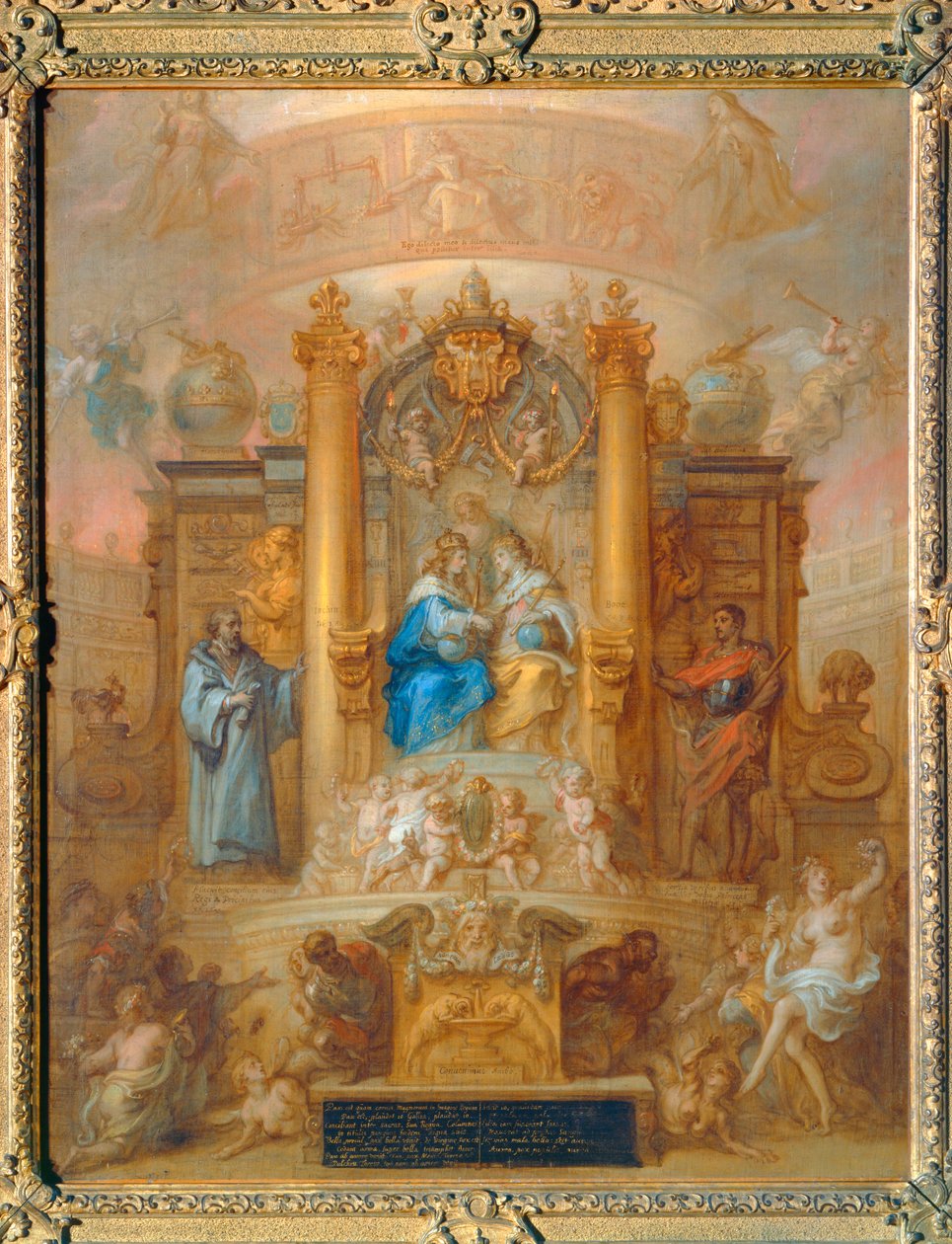 De alliantie van Lodewijk XIV en Filips IV van Spanje. Allegorische voorstelling van de Vrede van de Pyreneeën ... door Theodore van Thulden