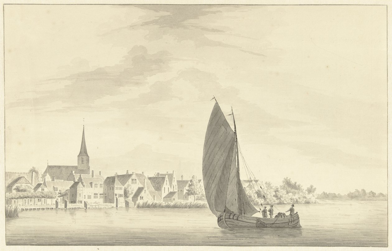 Het dorp Gouderak met op de voorgrond een zeilend schip door Theodorus Cornelis Schutter