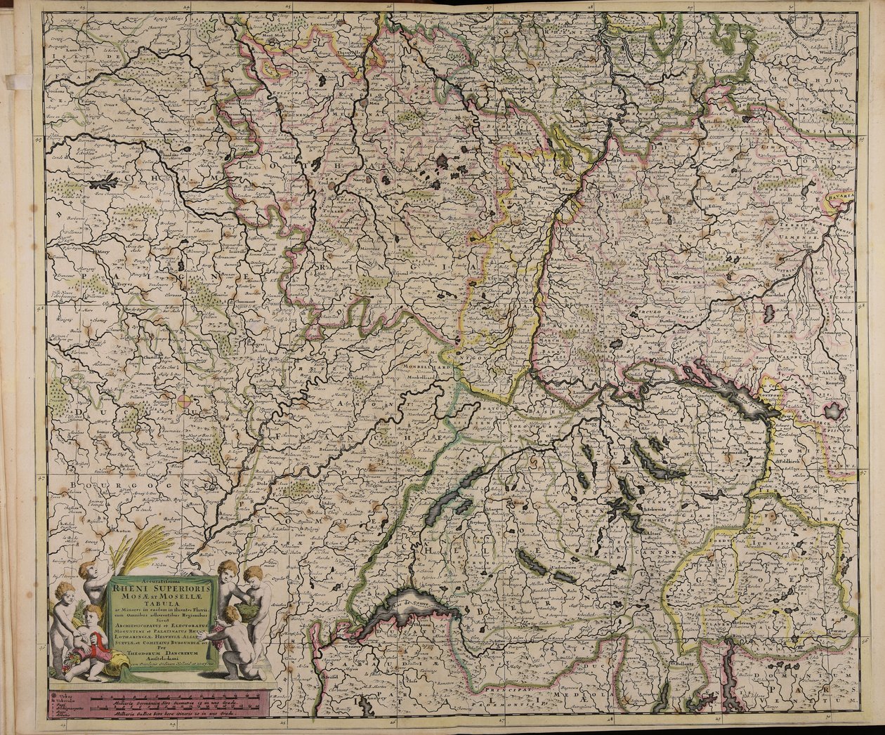 Accuratissima Rheni superioris Mosae et Mosellae tabula ac minores in eosdem in fluentes fluvii cum omnibus adherentibus regionibus sicut archiepiscopatus et electoratus Moguntini et Palatinatus Rheni Lotaringiae Helvetiae Alsatiae Sueviae et comitatus Bur door Theodorus Danckerts