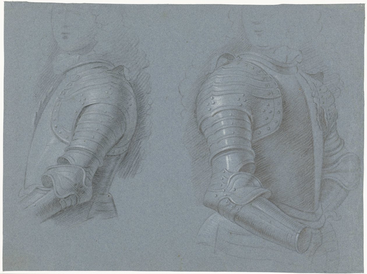 Studieblad met de linker- en rechterzijde van een kuras door Theodorus Netscher