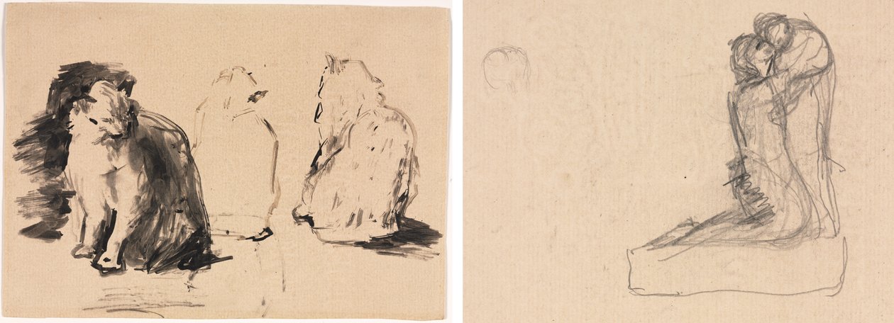 Katten (recto); Schets van twee omhelzende figuren (verso) door Theodule Ribot