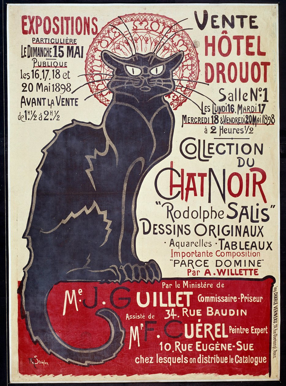 Advertentieposter die de verkoop aankondigt in Hotel Drouot in 1898 van de Cat Noir-collectie en werken van Rodolphe Salis, Illustratie door Théophile Alexandre Steinlen door Théophile Alexandre Steinlen