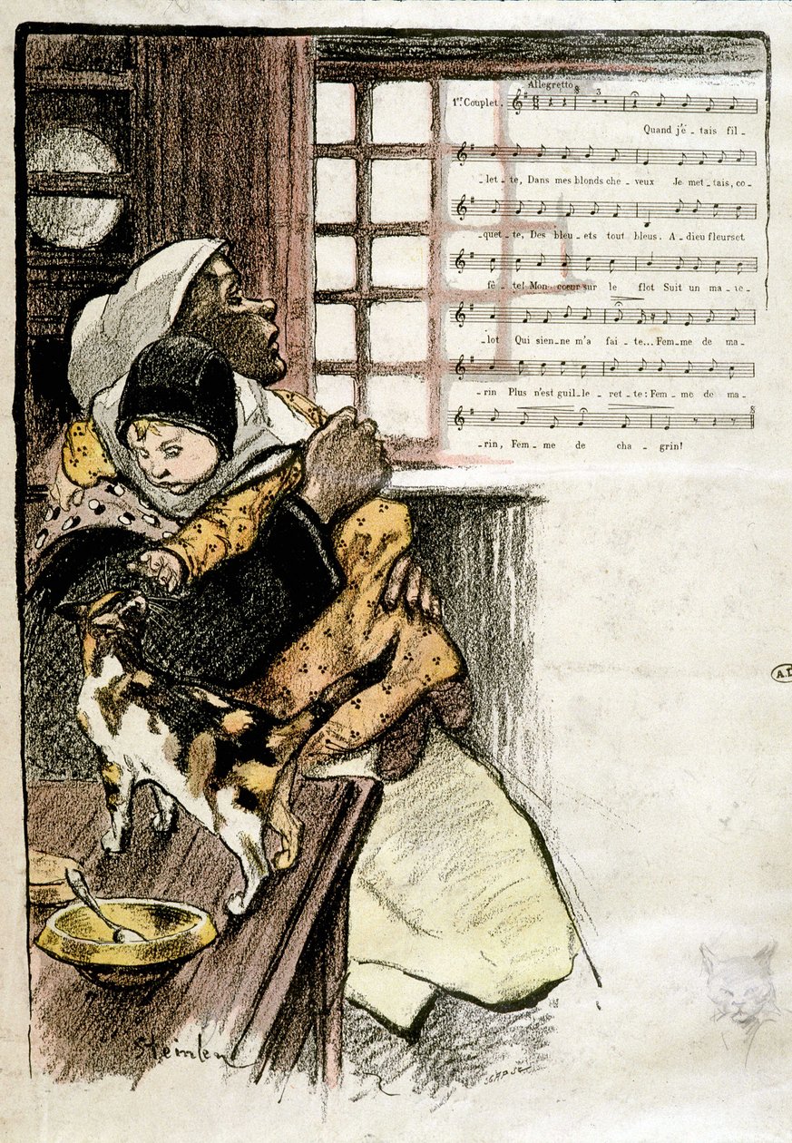 Kind in de armen van een vrouw die met een kat speelt, ill. Steinlen voor bladmuziek, 19e eeuw door Théophile Alexandre Steinlen