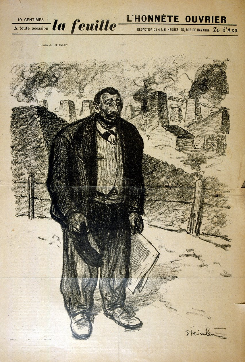 Tekening van een arme fabrieksarbeider tegen een industrieel landschap, door Alexandre Steinlen (1859-1923) door Théophile Alexandre Steinlen