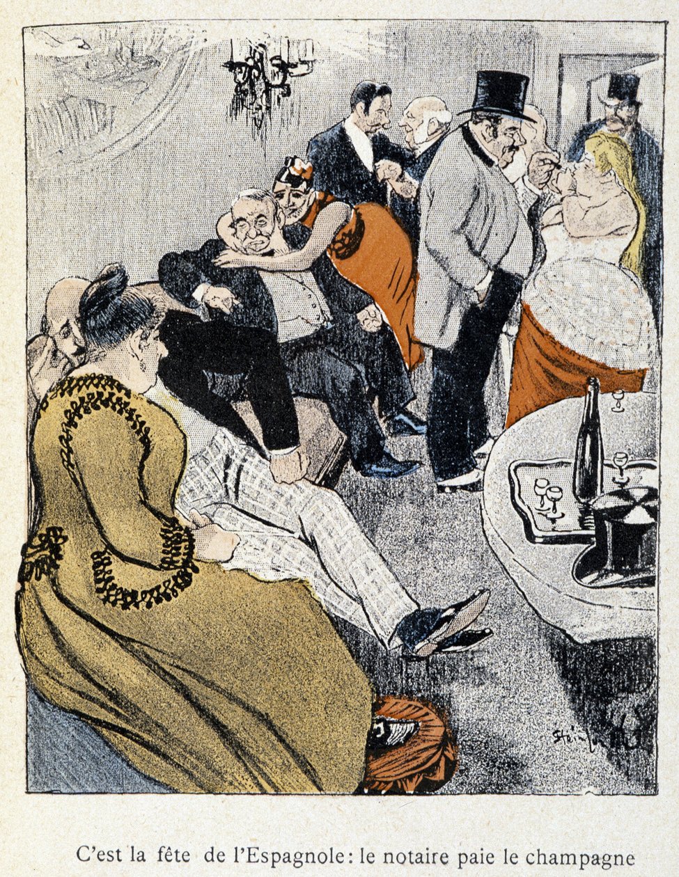Filles et Marlous: Het is het feest van de Spanjaarden: de notaris betaalt de champagne - in "Dans la vie", door Steinlen 1901 door Théophile Alexandre Steinlen