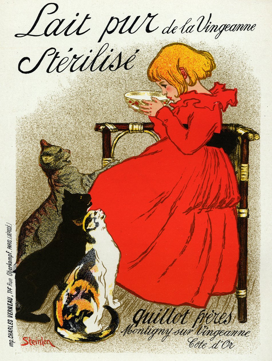 Voedsel en Drank. Vingeanne melk. Meisje met katten. Poster door Steinlen, Frankrijk, c.1890 door Théophile Alexandre Steinlen