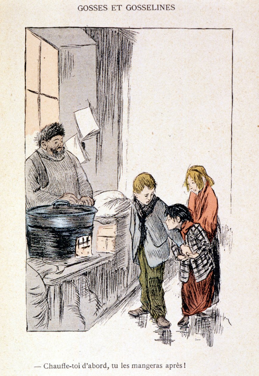 Kinderen en Gosselines: Warm jezelf eerst op, je eet ze daarna! in "In het Leven", door Steinlen 1901 door Théophile Alexandre Steinlen