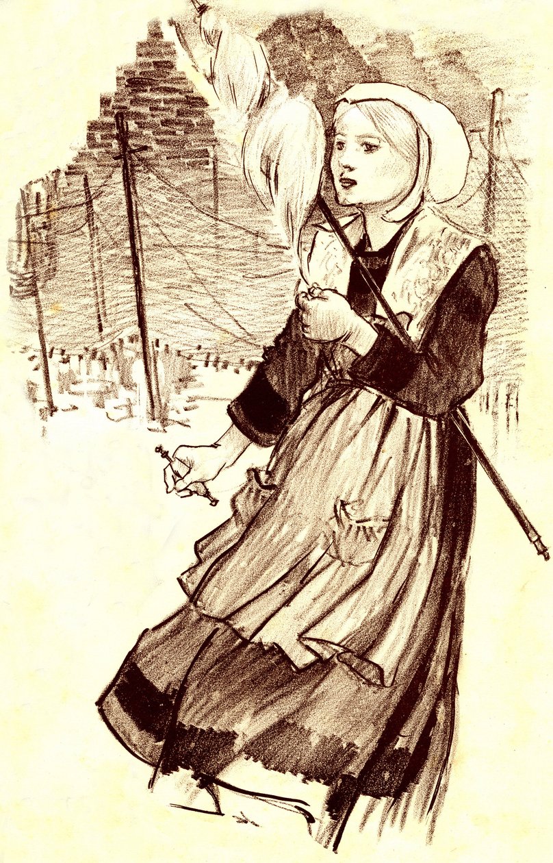 jonge dorpsbewoner - spinner - tekening (detail) door Steinlen (1859-1923) ter illustratie van het lied 