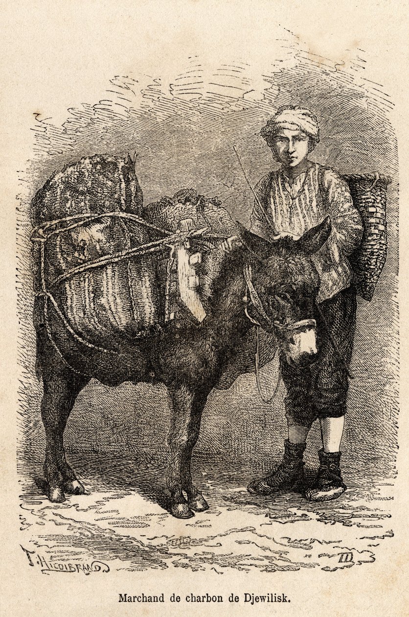 Een kolenhandelaar, met zijn ezel, in Djewilisk (Noord-Anatolië), gegraveerd naar een tekening van de verteller, ter illustratie van een reis in Lazistan en Armenië, van 1869, door Theophile Deyrolle, gepubliceerd in 