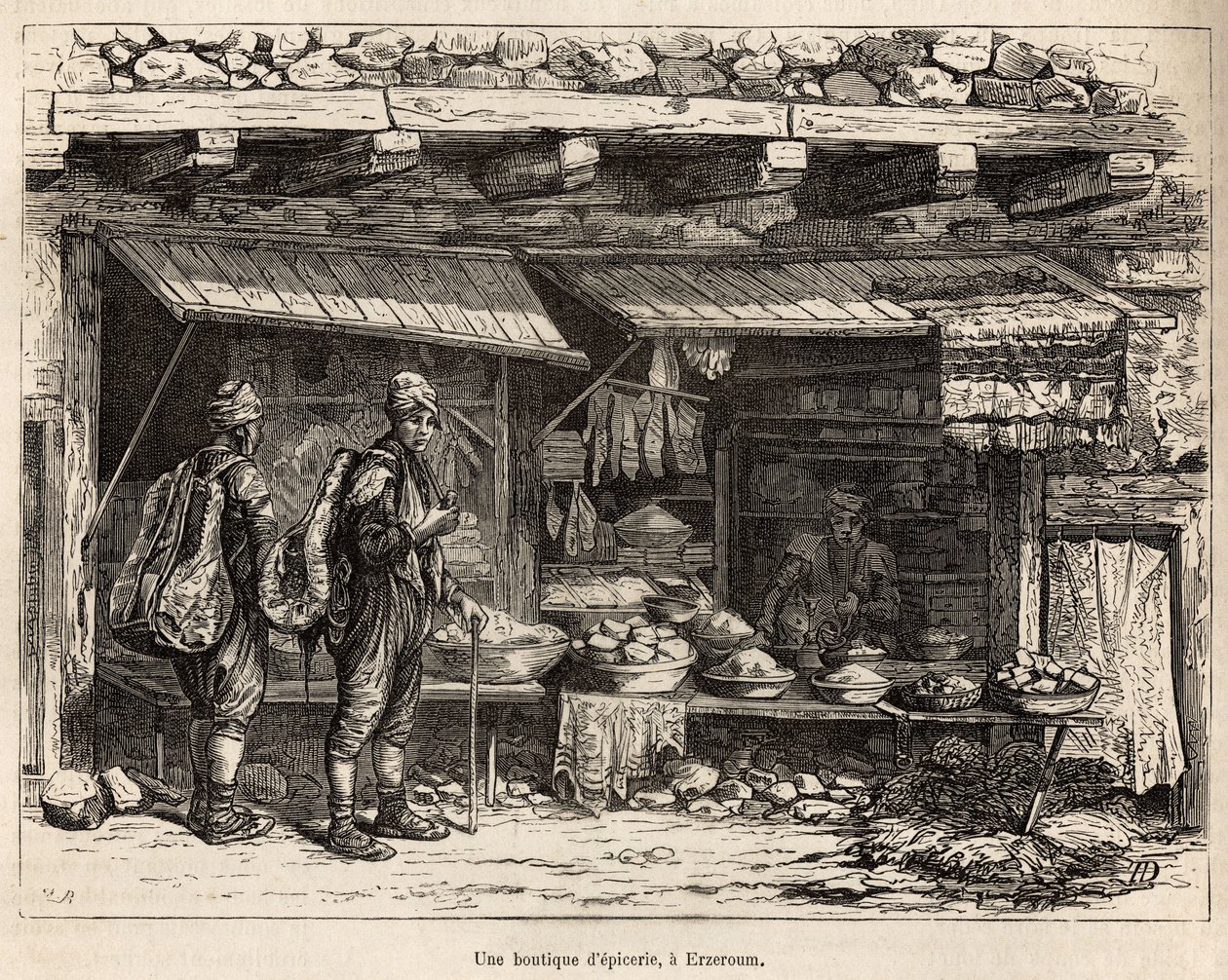 Een kruidenierswinkel in Erzeroum (Armenië), gegraveerd naar een tekening van de auteur, ter illustratie van de reis in Lazistan en Armenië, door Theophile Deyrolles, in 1869, gepubliceerd in 