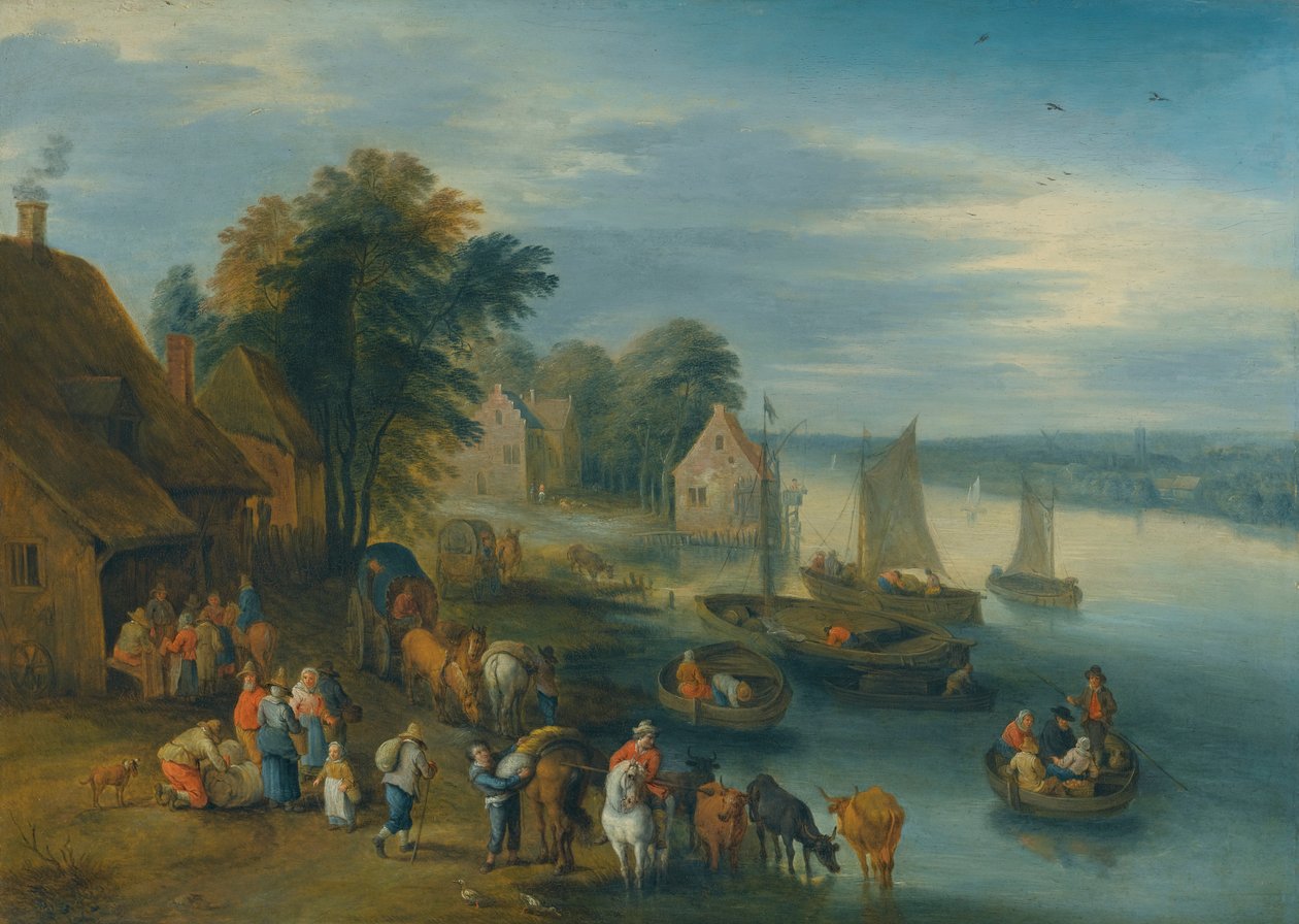 Een rivierlandschap met dorpelingen die hun boten lossen door Theobald Michau