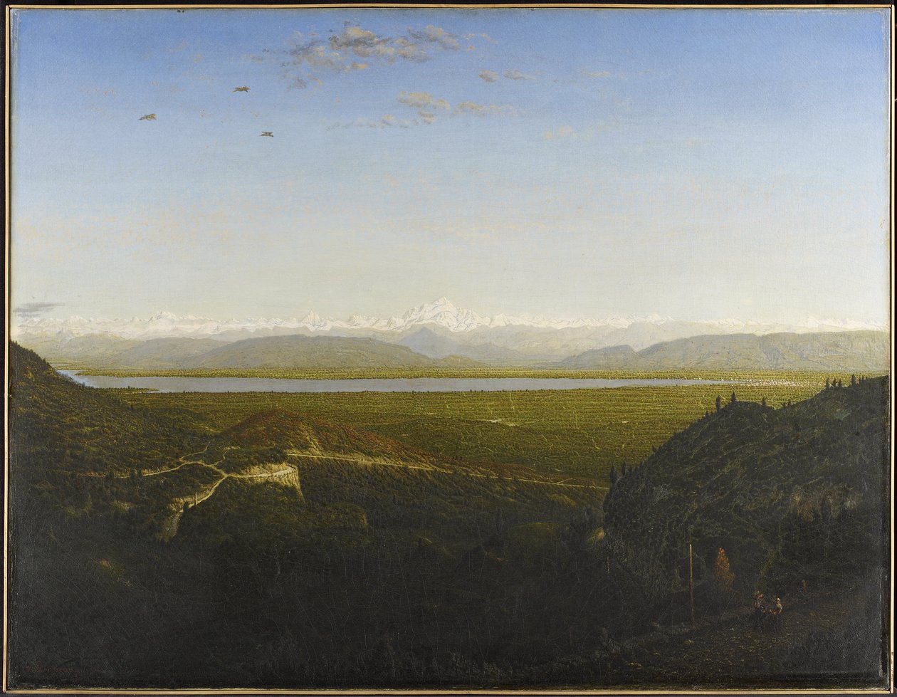 Uitzicht op de Mont Blanc, gezien vanaf La Faucille door Pierre Etienne Theodore Rousseau