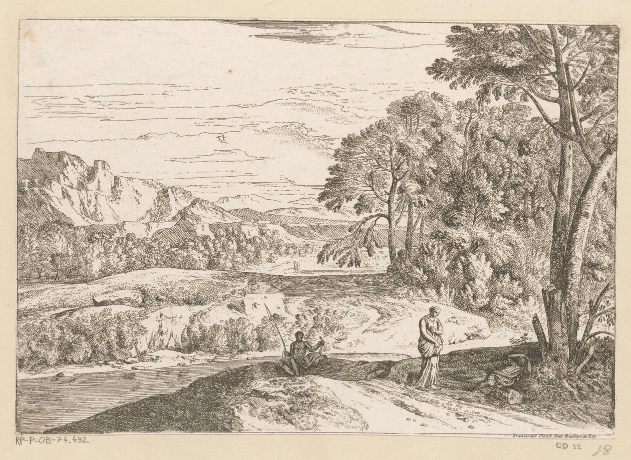 Arcadisch landschap met een visser bij een beek door Théodore