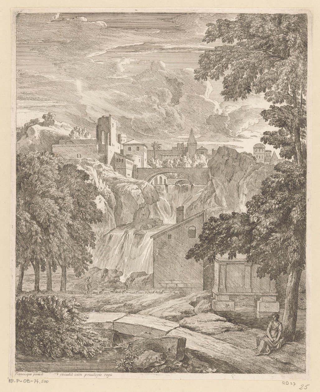Arcadisch landschap met een waterval en een vrouw onder een boom door Théodore