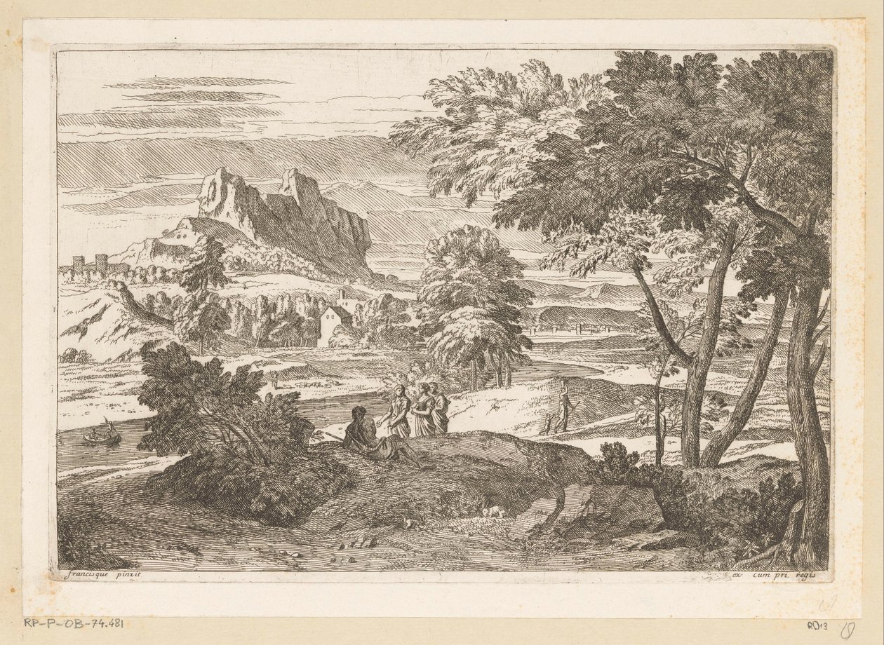 Arcadisch landschap met figuren en konijnen door Théodore