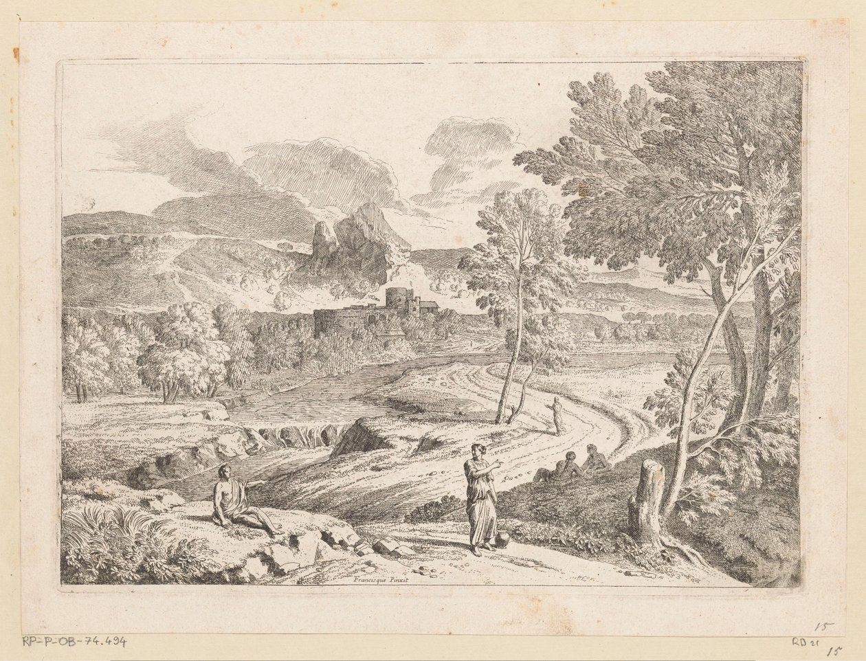 Arcadisch landschap met figuren langs een pad aan een stroming door Théodore