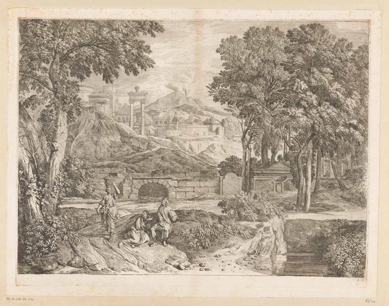 Arcadisch landschap met twee mannen en een fruit-dragende vrouw door Théodore
