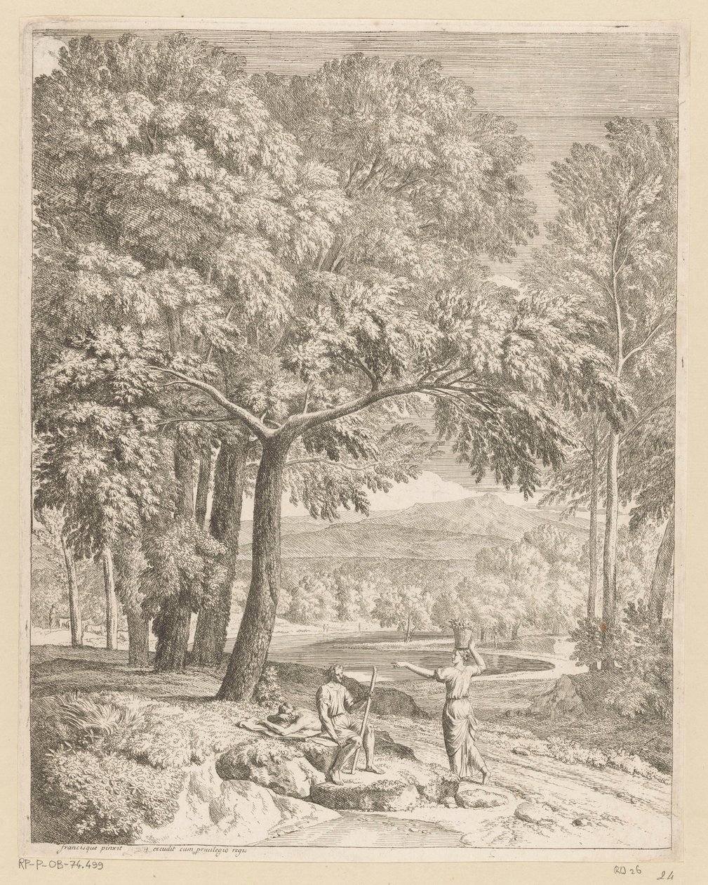 Arcadisch landschap met twee mannen en een korfdragende vrouw door Théodore