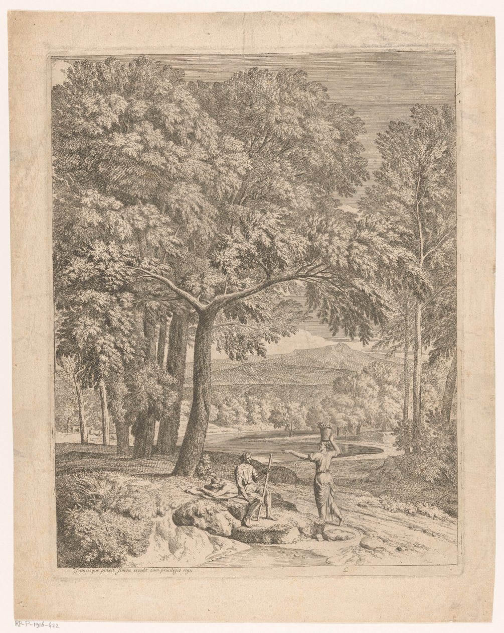 Arcadisch landschap met twee mannen en een korfdragende vrouw door Théodore