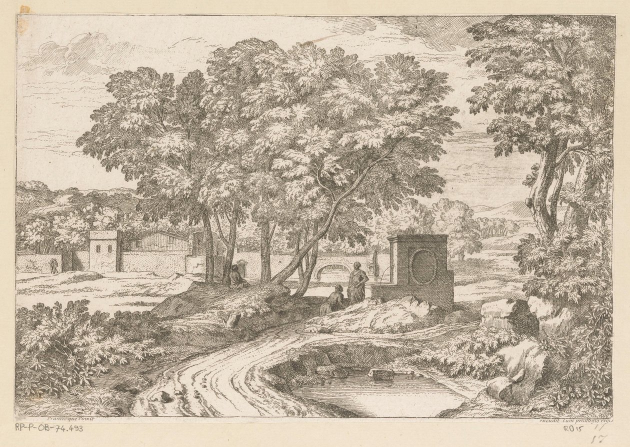 Arcadisch landschap met twee vrouwen bij een fontein door Théodore