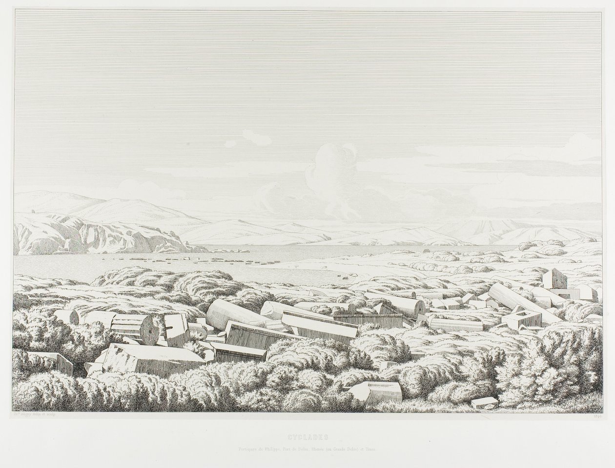 Cycladen: de Porticos van Filippos, de haven van Dhílos, Rinea (of Groter Dhílos) en Tínos door Théodore Caruelle d