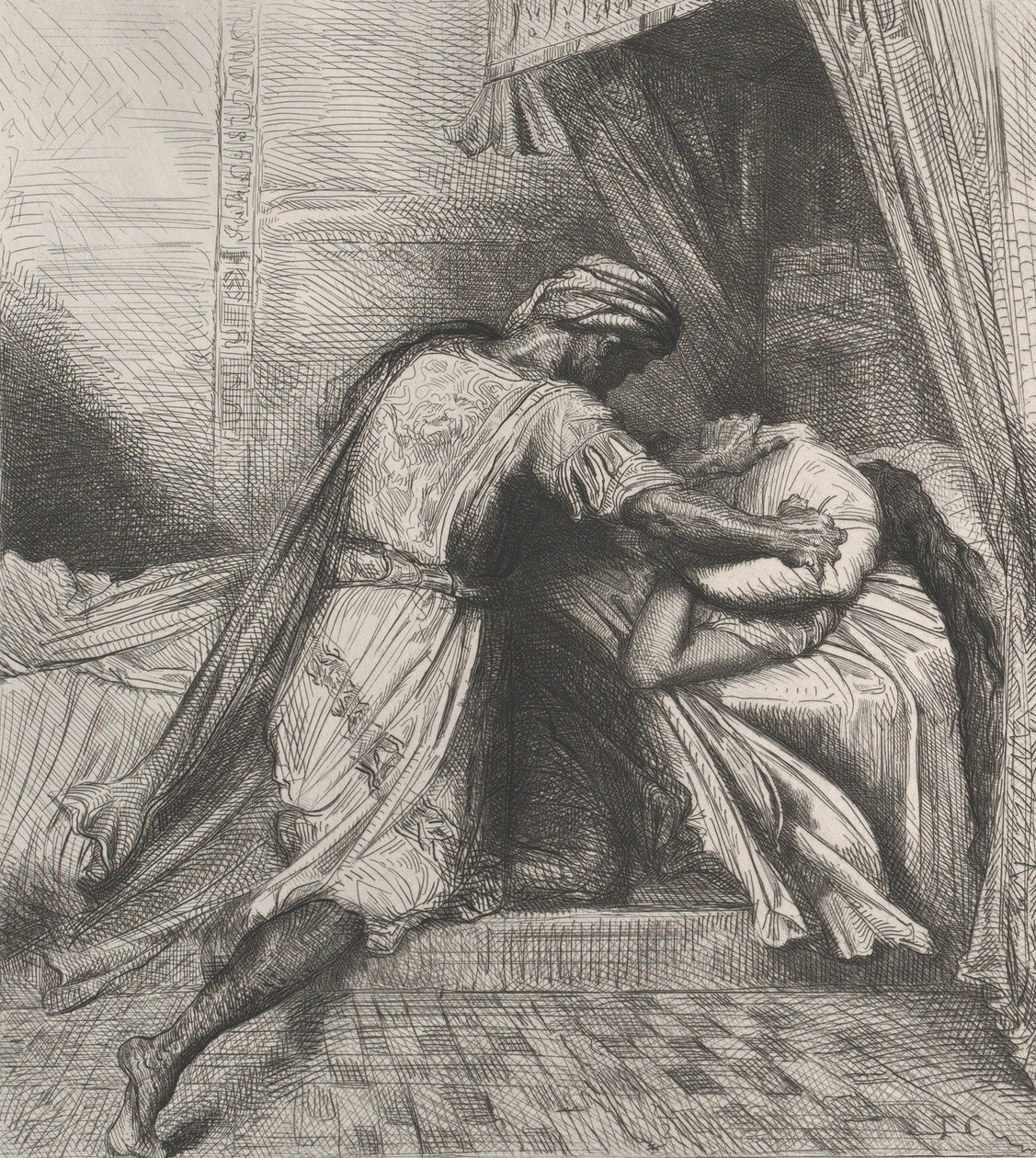 Hij verstikt haar: plaat 13 uit Othello Act 5, Scene 2, geëtst 1844, herdrukt 1900 door Théodore Chassériau