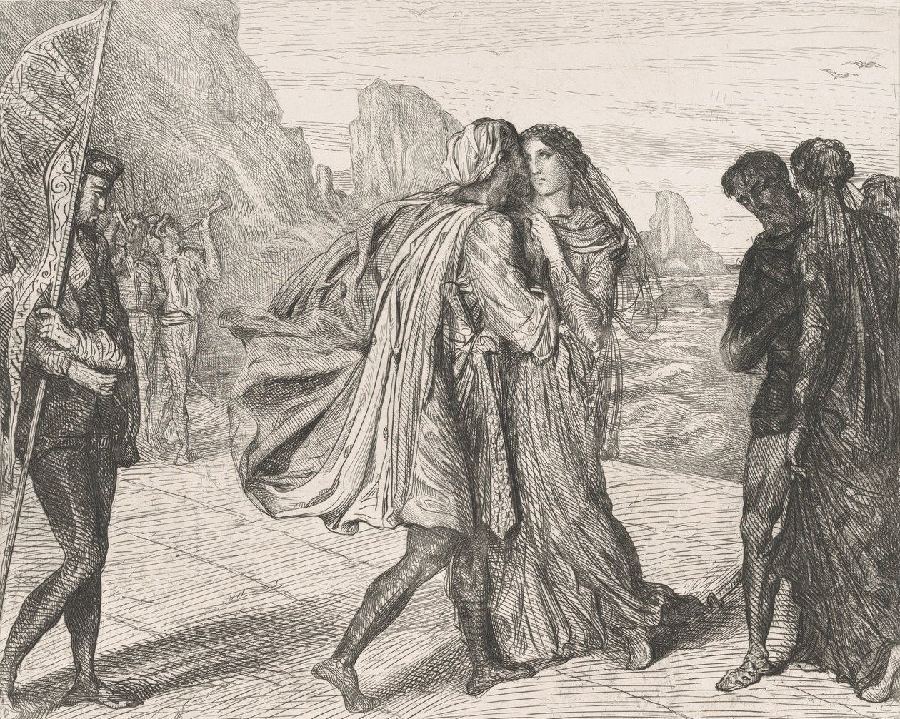 O mijn schone krijger!: plaat 5 uit Othello Act 2, Scene 1, geëtst 1844, herdrukt 1900 door Théodore Chassériau