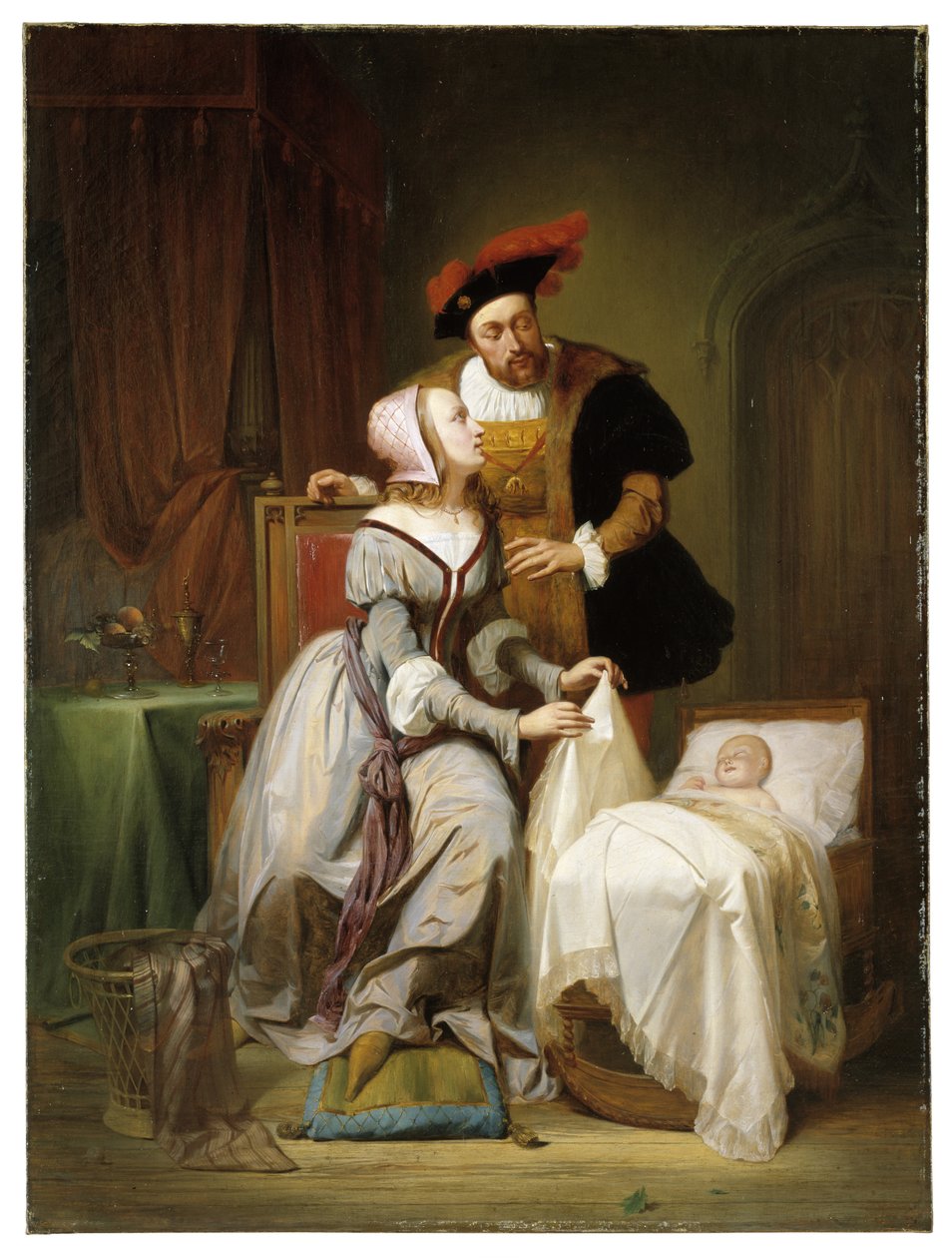 Keizer Karel en zijn maîtresse Johanna Van der Gheynst aan de wieg van hun dochter Margaretha door Theodore Joseph Canneel