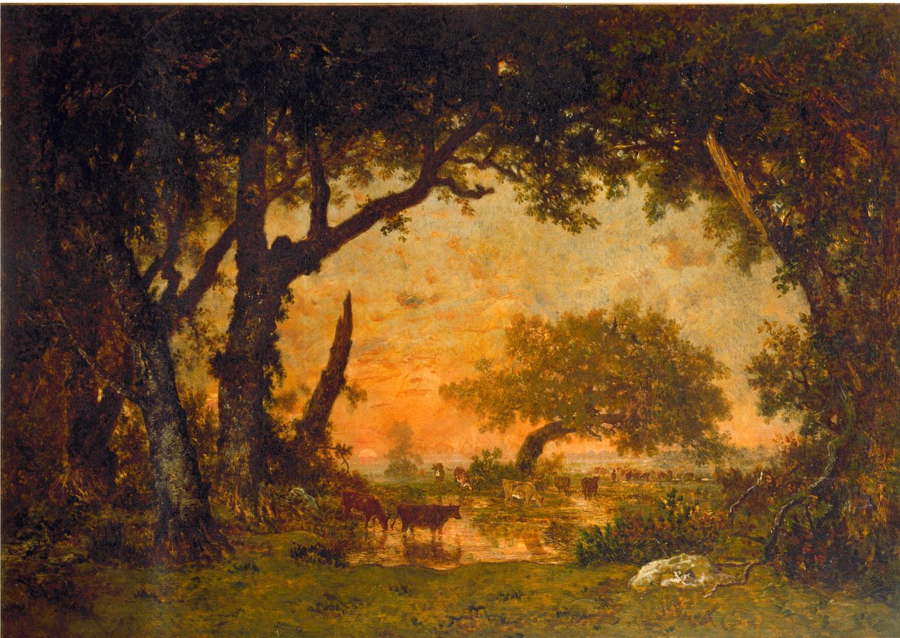 Uitgang van het bos in Fontainebleau, zonsondergang door Pierre Etienne Theodore Rousseau