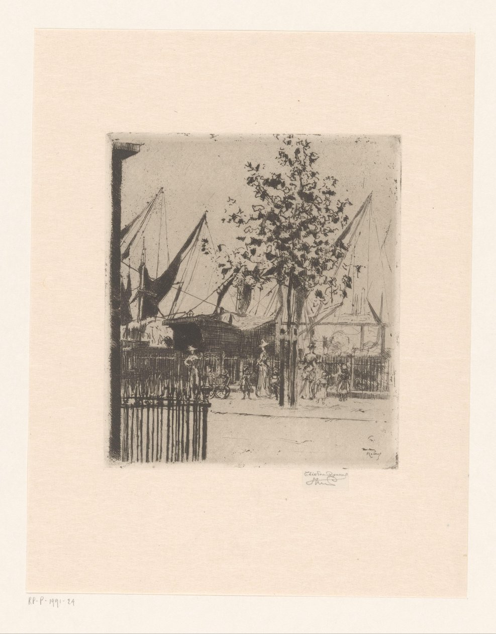Straatgezicht met Figuren bij een Haven door Théodore Roussel (signed by artist)