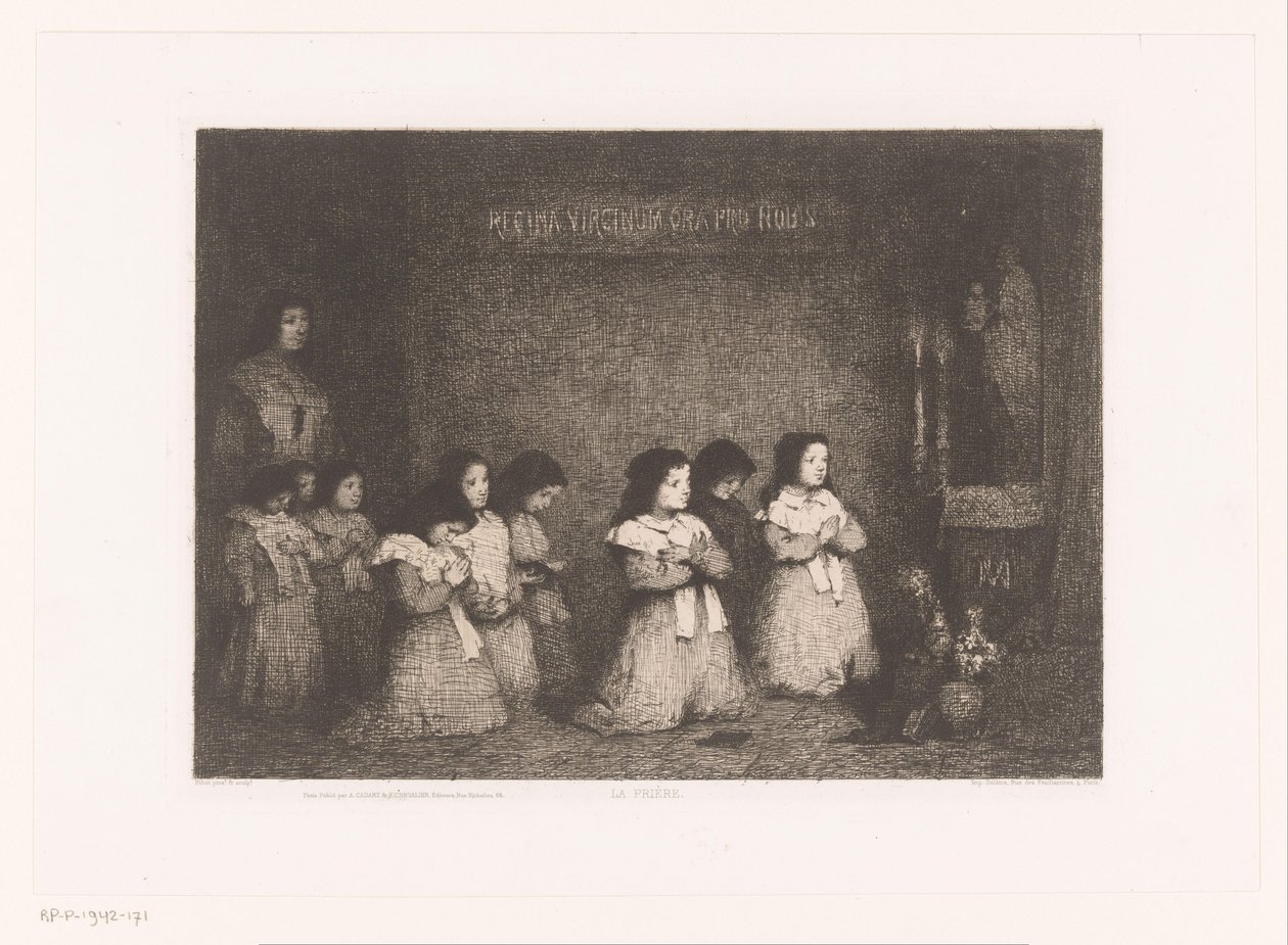 Groep meisjes in gebed voor een Mariabeeld door Théodule Augustin Ribot