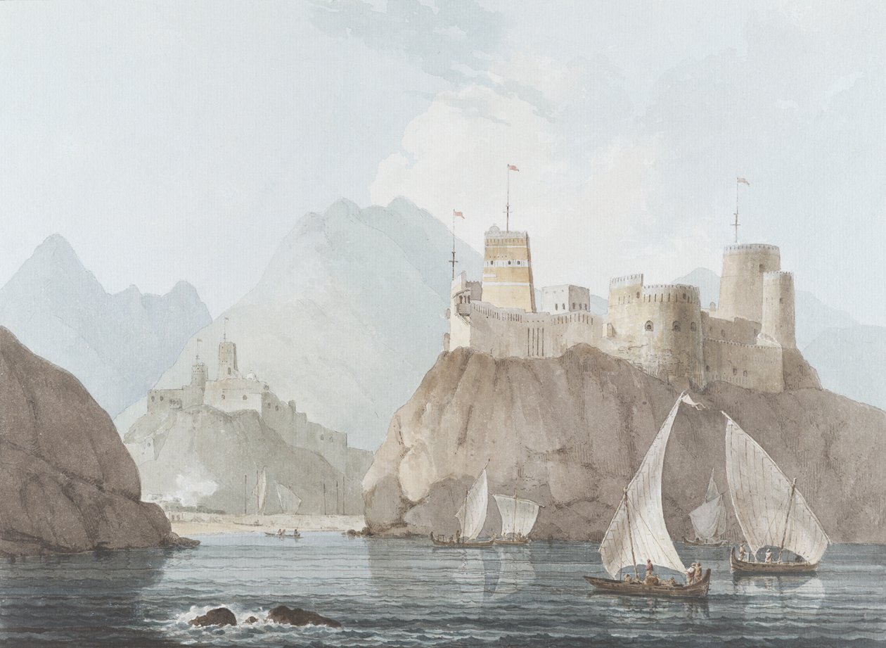Oostelijk Uitzicht op de Forten Jellali en Merani, Muskah, Arabië, juni 1793 door Thomas und William Daniell