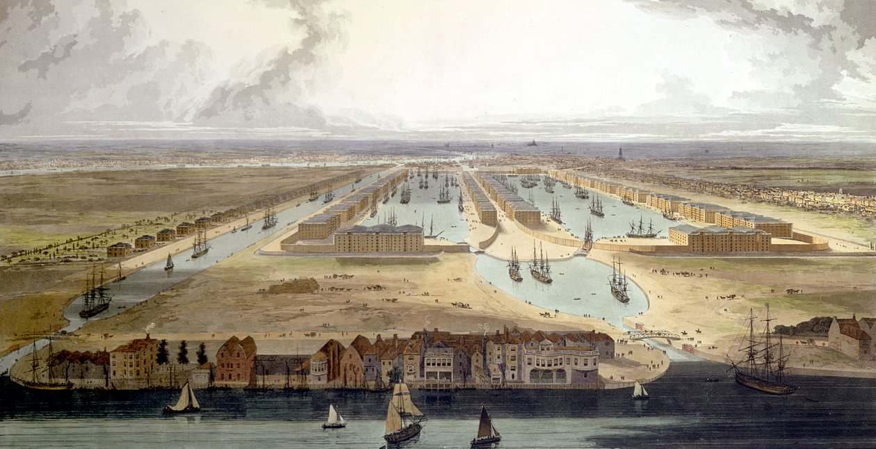 Verhoogd uitzicht op de nieuwe dok en pakhuizen, 1802 door Thomas und William Daniell