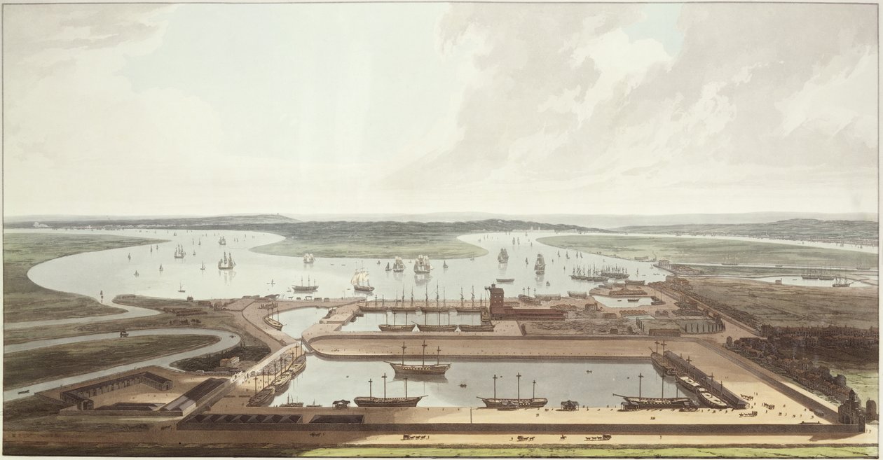 Zicht op de Oost-Indische dokken, 1803 door Thomas und William Daniell